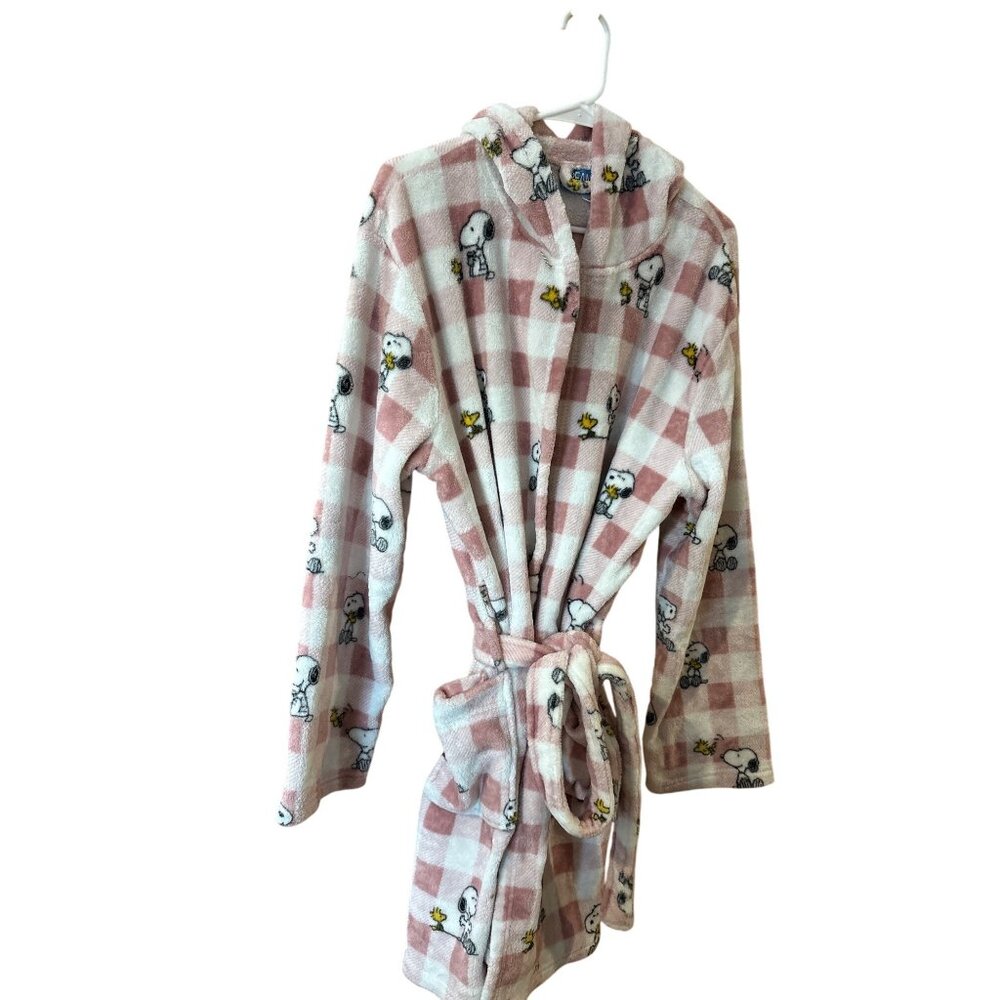 Peanuts Snoopy & Woodstock Pink Plaid Hooded Fleece Robe L/XL